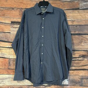 Thomas Dean XL Blue Check Plaid Flip Cuff Button Up Shirt Long Sleeve Cotton